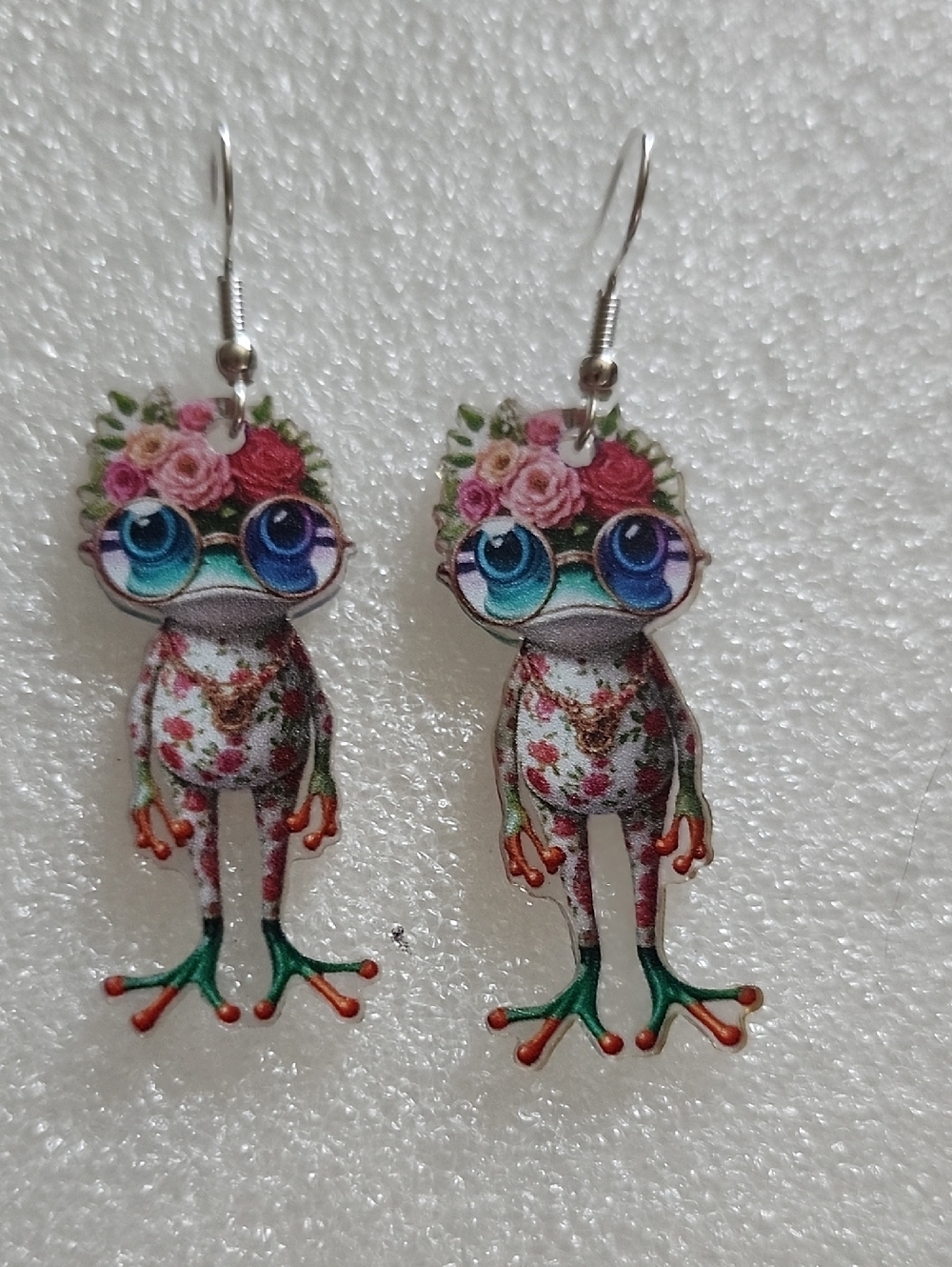 Hand Crafted Floral Frog Earrings in Green, Pink, Blue and Orange